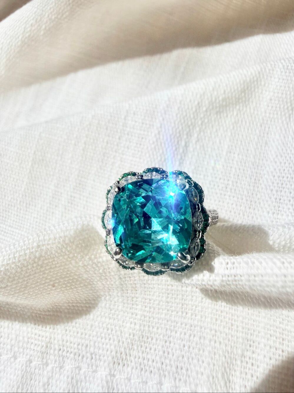 Emerald Green Cushion Cut CZ Halo Cocktail Ring Silver Tone Statement